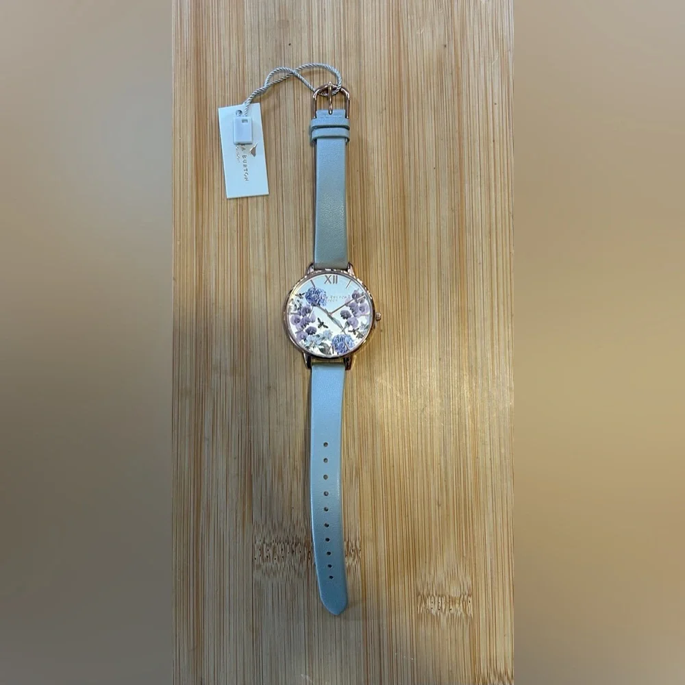 OLIVIA BURTON ENCHANTED GARDEN WATCH WITH 38mm SILVER FLORAL FACE & GREY BAND